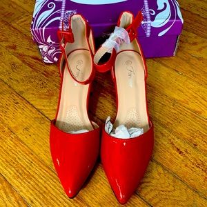 Red ankle strap pump shoes